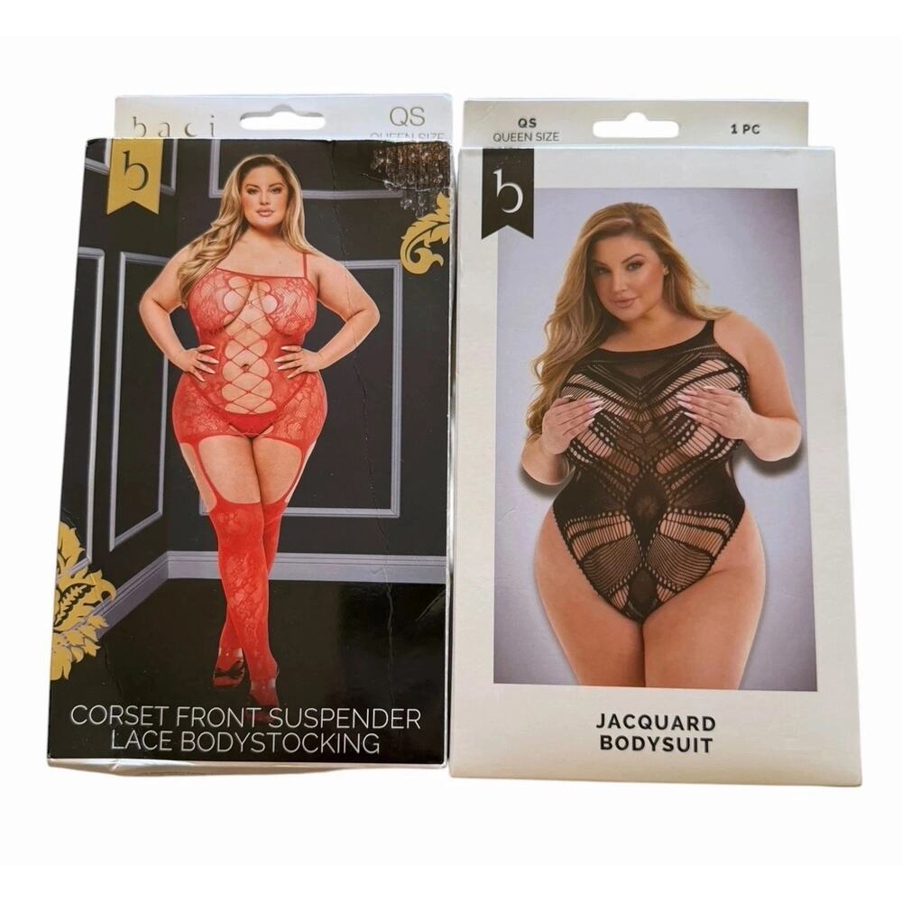 Baci Queen Size Lingerie Bundle 2PC Bodystocking Bodysuit Jacquard Corset Front
